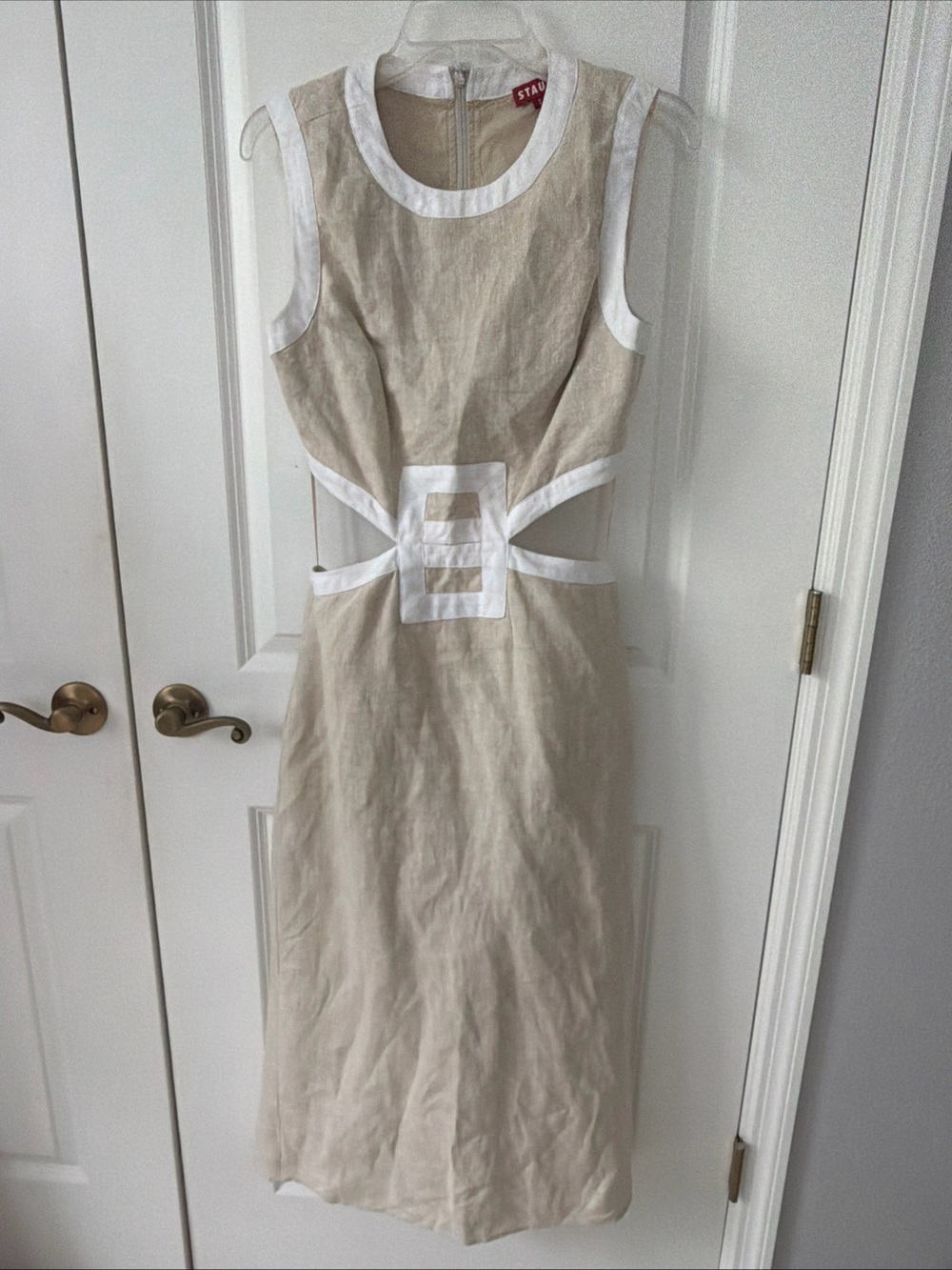 STAUD Beige Linen Midi Dress with White Trim Cutout